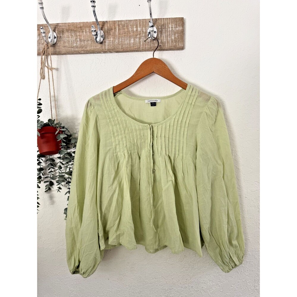 American Eagle Boho Pintuck Peasant Blouse Light Green Balloon Sleeve Sz S